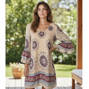 UMGEE NWT Boho Dress Tunic Tan Mandala Medallion Paisley Size Small